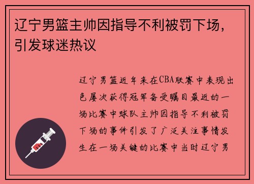 辽宁男篮主帅因指导不利被罚下场，引发球迷热议