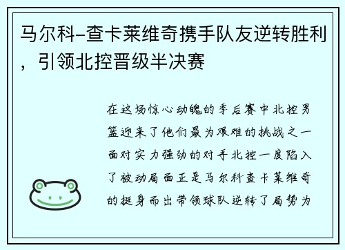 马尔科-查卡莱维奇携手队友逆转胜利，引领北控晋级半决赛