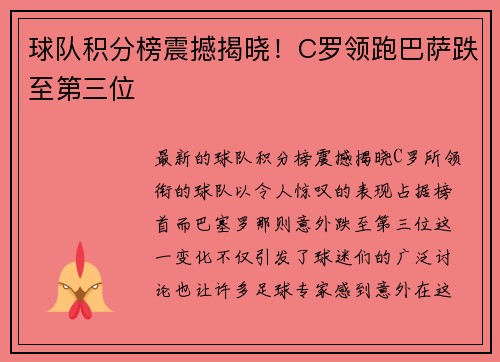 球队积分榜震撼揭晓！C罗领跑巴萨跌至第三位