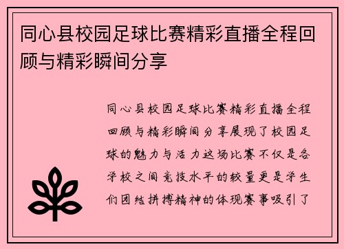 同心县校园足球比赛精彩直播全程回顾与精彩瞬间分享